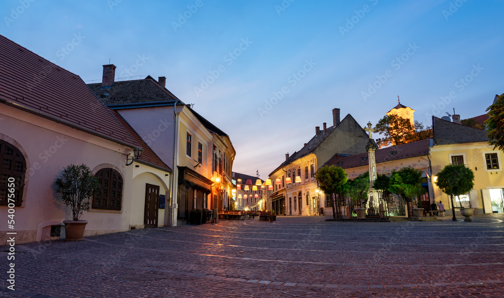 Main square with beautiful city lights in Szentendre Hungary next to Budapest with colorful banner light decorations Main square with beautiful city lights in Szentendre Hungary next to Budapest with colorful banner light decorations
