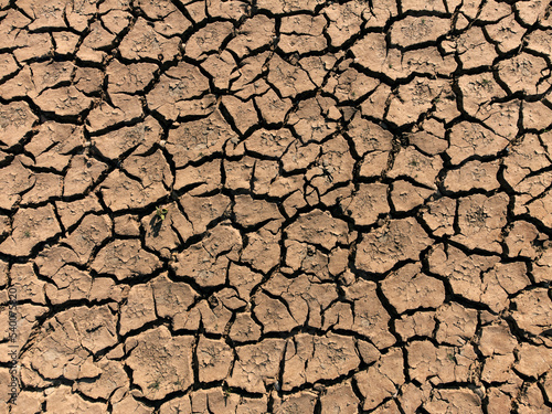 Close up shot of drought, dried soil photographed from top view.