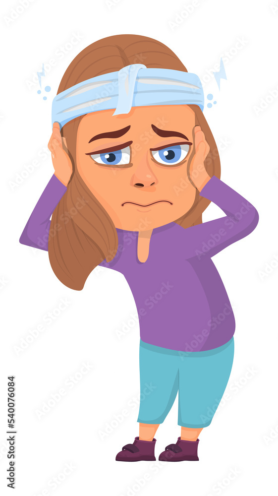 Headache. Sad girl with disease. Ill cartoon woman