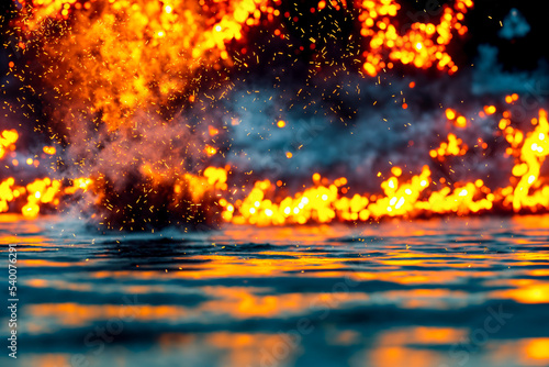 Burning oil spill on water. Dramatic environmental disaster, pollution from petrol, petroleum leak in the ocean. fossil fuel, ecology disaster © Quardia Inc.