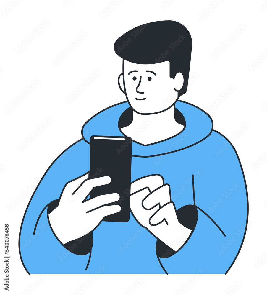 Young man chatting in social media. Guy holding phone