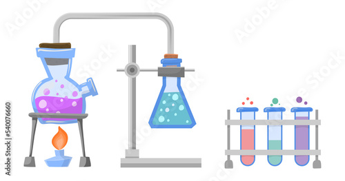 Chemistry experiment. Flasks with chemicals. Laboratory test