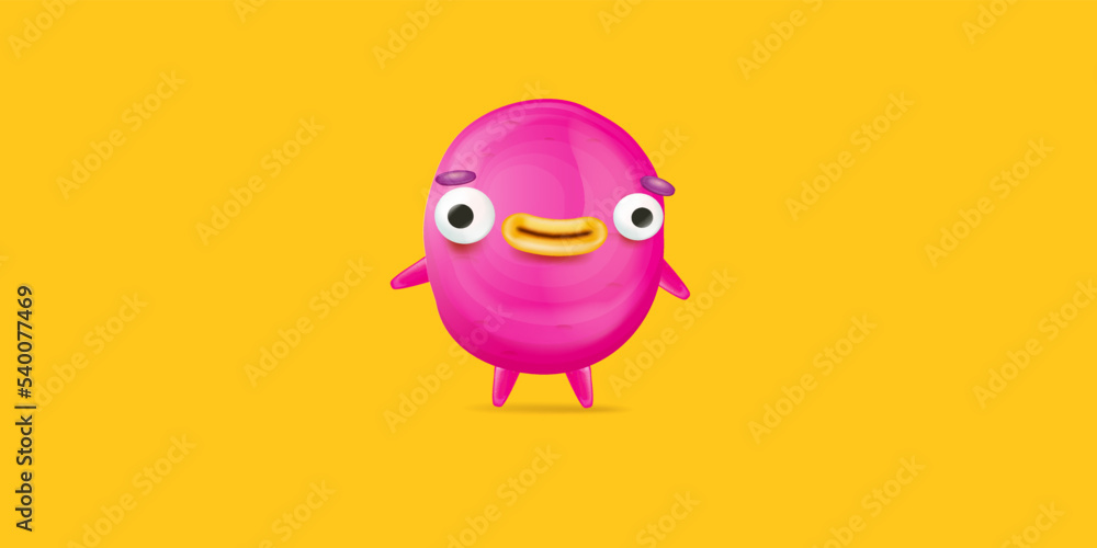 Vector cartoon funny pink alien monster isolated on orange background. Smiling silly pink monster print sticker design template. Cute Ghost, troll, gremlin, goblin, devil and halloween monster