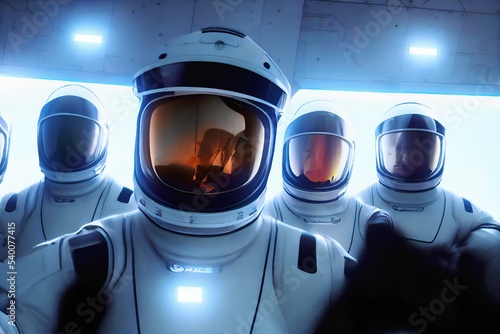 First manned mission to space. Group selfie of astronauts at the orbital station, Modern space suits. conceptual Scfi Illustration 