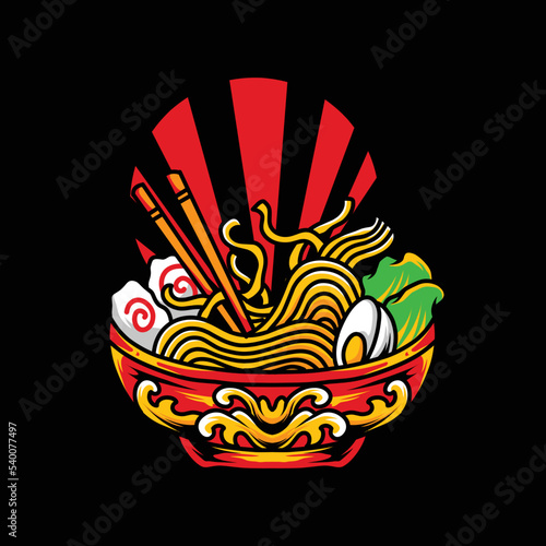 Ramen noodle illustration vector design with egg and meat toppings, can be used for merch, t-shirt designs, posters, etc.