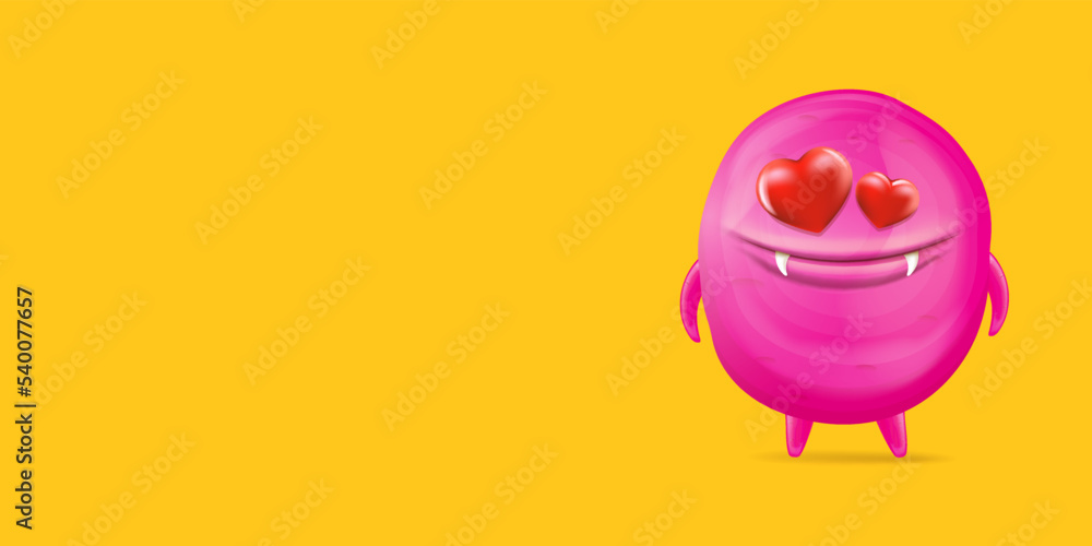 Fototapeta premium Vector cartoon funny pink alien monster with heart eyes isolated on orange background. Silly monster print sticker design template. Cute Ghost, troll, gremlin, goblin, devil and halloween monster