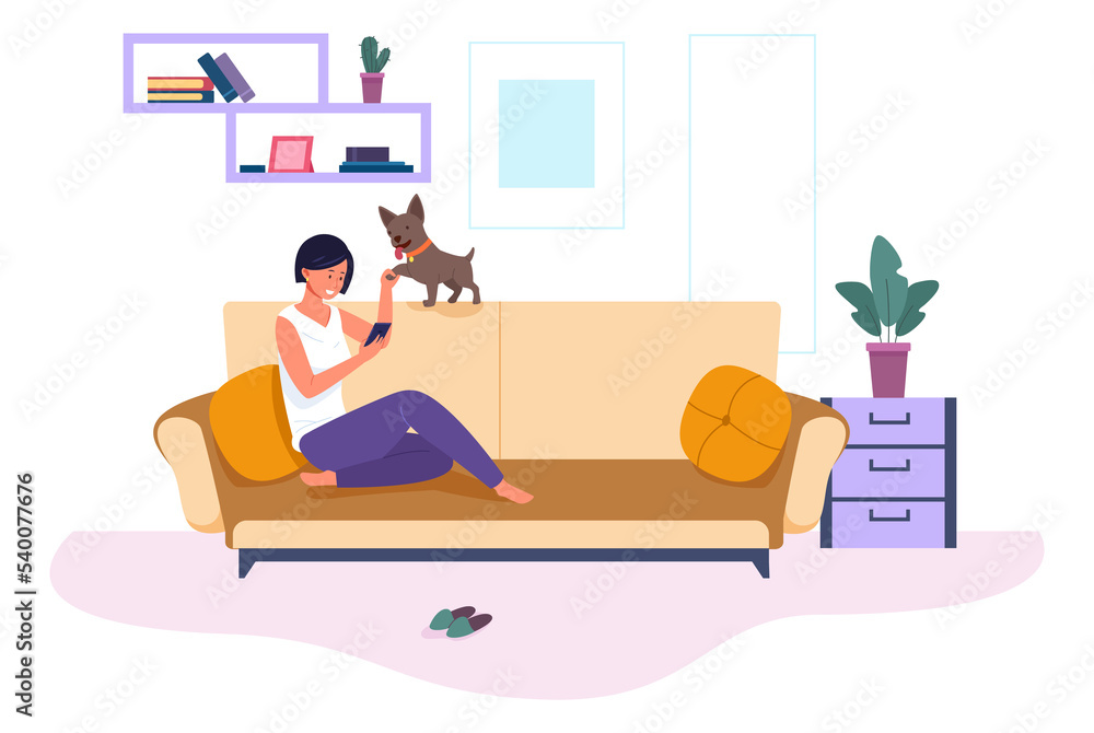 Internet addiction. Woman playing with dog and looking at smartphone screen