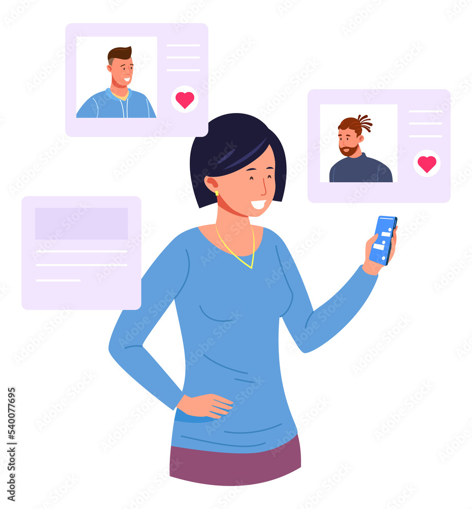 Woman looking at dating app. Girl liking male profiles Woman looking at dating app. Girl liking male profiles