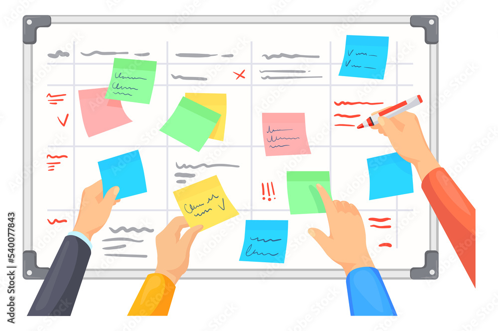 Kanban board with color stickers and writing hands. Cartoon team planning Kanban board with color stickers and writing hands. Cartoon team planning