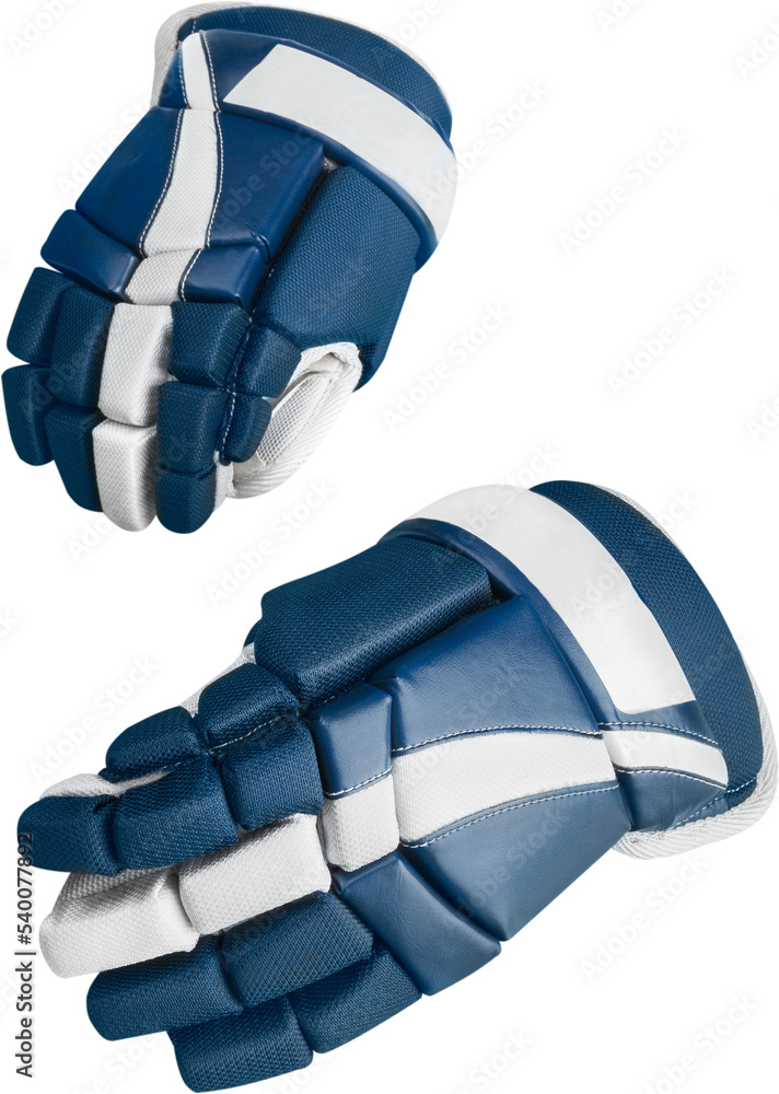 Pair of Blue and White Ice Hockey Gloves, Isolated on Transparent