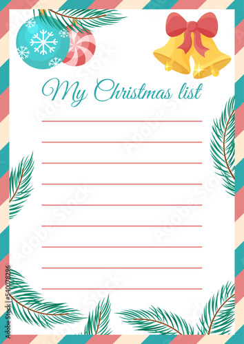 Christmas wishlist blank template. Empty Xmas wish list with copy space for writing. Vector illustration. Vertical A4 format of paper. Flat design with fir branches, bells and tree decorations.