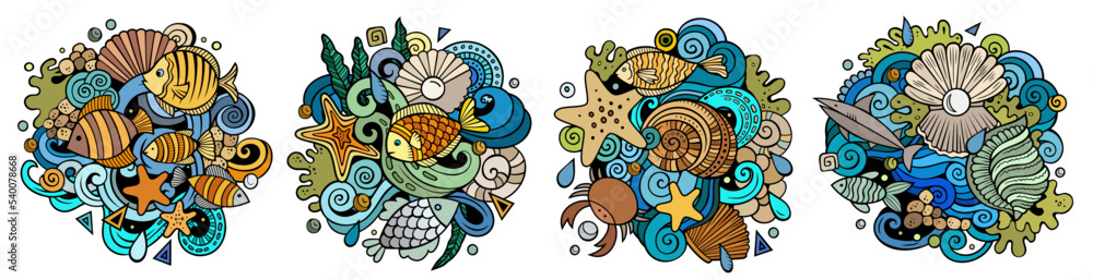 Underwater life cartoon vector doodle designs set. Underwater life cartoon vector doodle designs set.