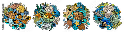 Underwater life cartoon vector doodle designs set.