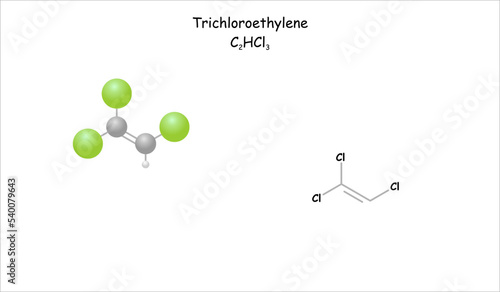 Stylized molecule model/structural formula of trichloroethylene.