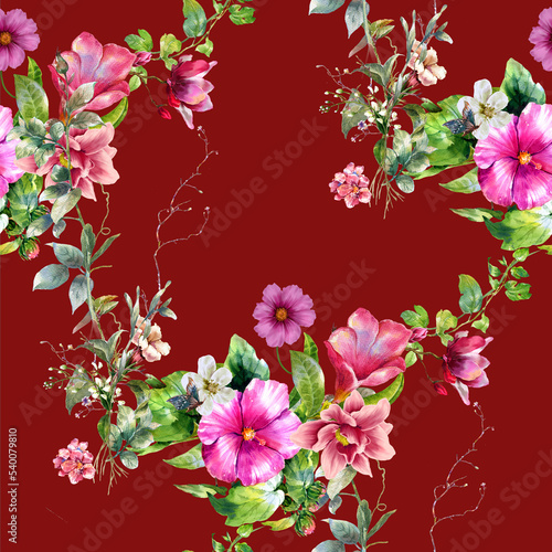 Watercolor painting of leaf and flowers, seamless pattern on red background