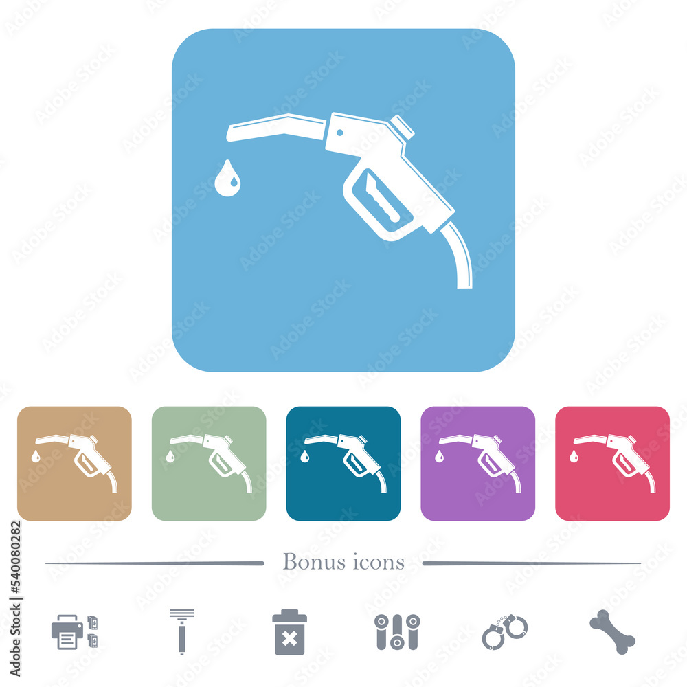 Glossy gasoline pump fuel nozzle flat icons on color rounded square backgrounds Glossy gasoline pump fuel nozzle flat icons on color rounded square backgrounds