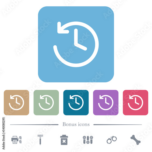 Circle shaped backward arrow and clock flat icons on color rounded square backgrounds
