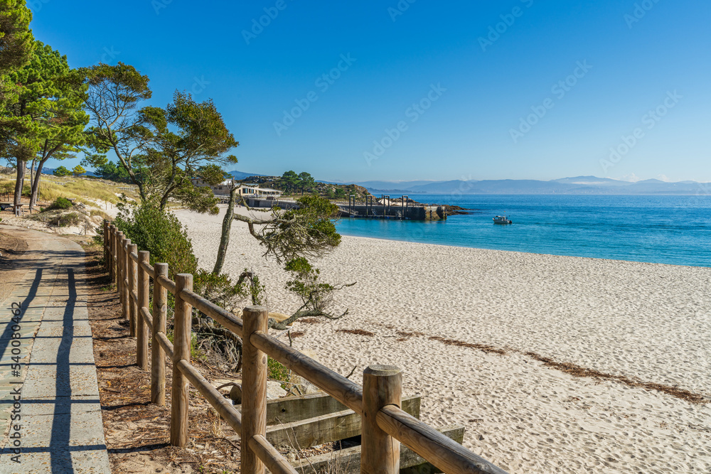 Beautiful Rodas beach in Cies Islands National Park in Vigo, Galicia, Spain.