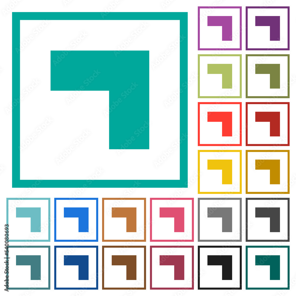 Top right 90 degrees angle arrow solid flat color icons with quadrant frames Top right 90 degrees angle arrow solid flat color icons with quadrant frames