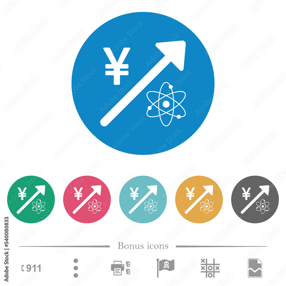 Rising atomic energy japanese Yen prices flat round icons Rising atomic energy japanese Yen prices flat round icons