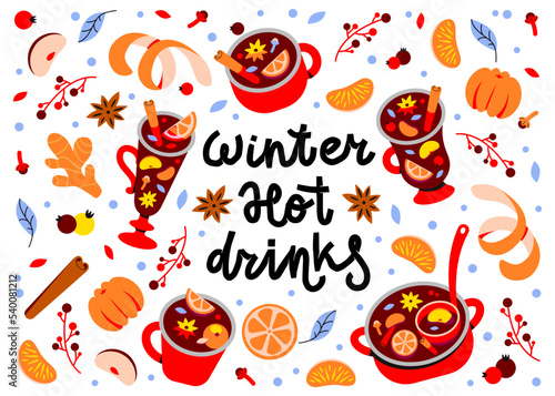 hot winter drinks are mulled wine, grog, punch or sangria. Wine in mugs and spices. Christmas bar menu
