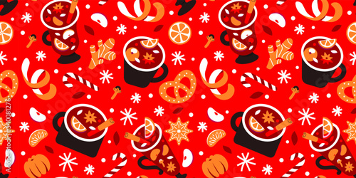 Christmas seamless pattern of hot winter drinks mulled wine. Wine in mugs, glasses and spices