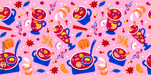 Christmas seamless pattern of hot winter drinks mulled wine. background, gift wrapping, textile print