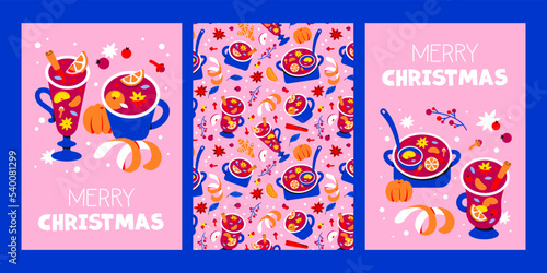 Christmas card set. Hot winter drinks, mulled wine, tangerines, seamless pattern