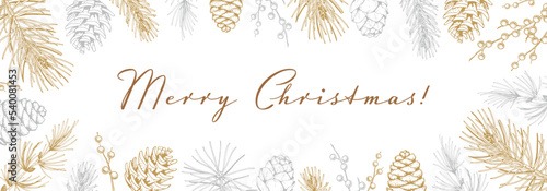 Merry Christmas and Happy New Year horizontal greeting card with hand drawn golden evergreen branches and cones. Vector illustration in sketch style. Holiday festive background