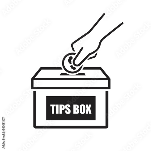 Hand dropping a coin into tips box. Vector illustration.