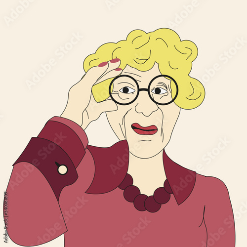 A stylish elderly woman with glasses, a pink shirt, red lips and beautiful beads. Vector illustration of a fashionable adult European woman.