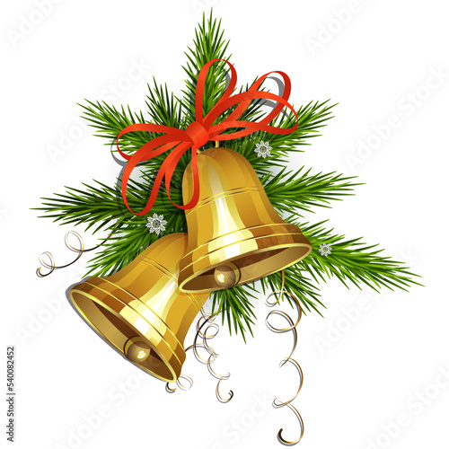 Christmas arrangement of spruce green branches, two bells of golden hue with a red bow.