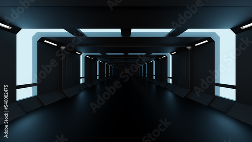 先端科学の研究所を思わせる未来的な空間。壁や天井に埋め込まれたクールな光のラインに照らされた床、ステージ、無人の部屋をイメージした抽象的な背景用の3Dレンダリングイラスト