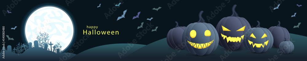 Pumpkins with glowing faces on a dim night background, a graveyard on the horizon and a full moon. Happy Halloween, vector illustration in grey-blue colors. Banner with pumpkin lanterns on the hill