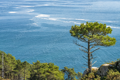 View of the Cies Islands with the beautiful beach of Rodas, in Galicia, Spain.  photo