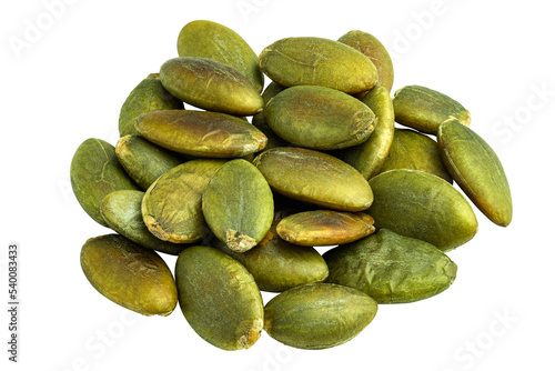 Macro close up shot of pumkin seeds isolated on a white background