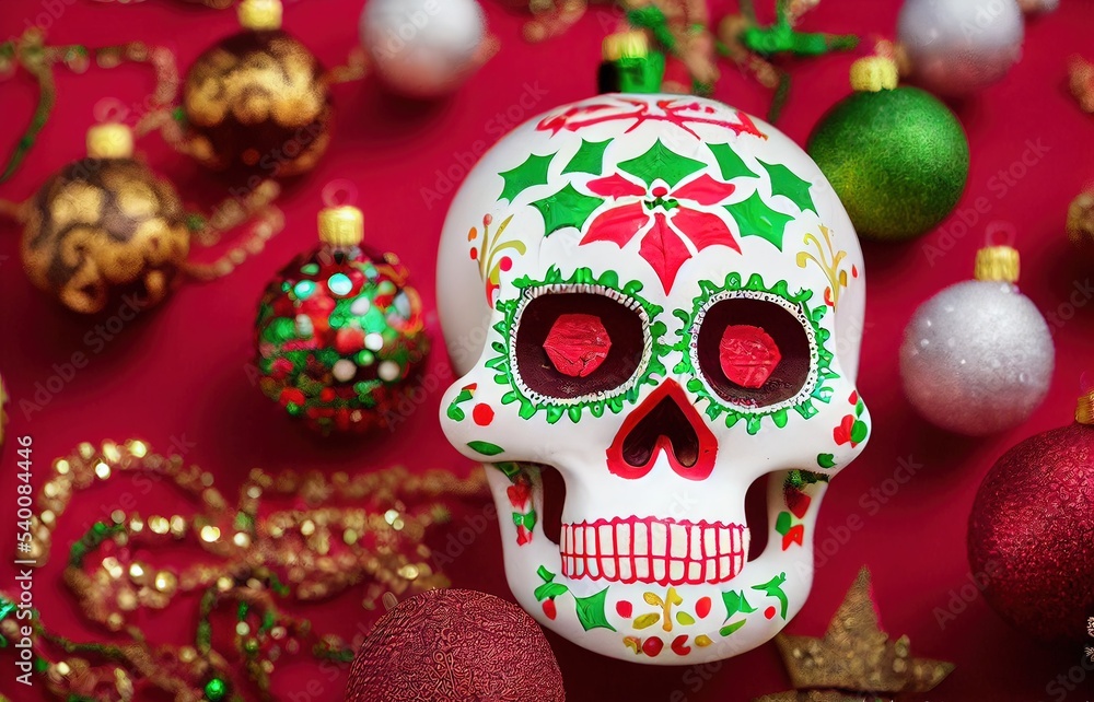 3D rendered  Christmas Calavera with cute kawaii look like modern animation. Computer generated Traditional Sugar Skull with a Christmas holiday twist