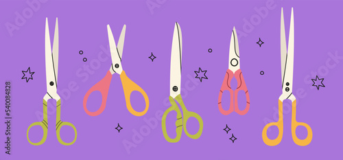 Different scissors models vector icons set isolated on purple background. Hand cutter tools equipment shears for hair stylist, gardening, medical