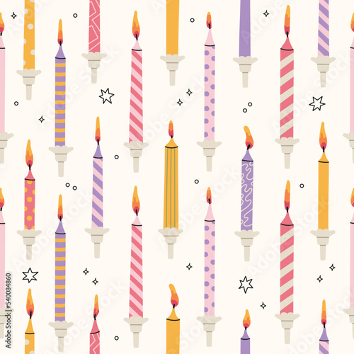Set of 3 colorful birthday candles seamless patterns. Hand drawn Infant age candles. Baby shower gifts decoration vector. Design for print, textile, greeting card or wrapping paper.