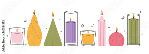 Various Candles. Different shapes and sizes. Decorative wax bright candles for relax and spa.Cute handmade perfumed decoration.  Hand drawn Vector illustration.Home aromatherapy, hygge home decoration