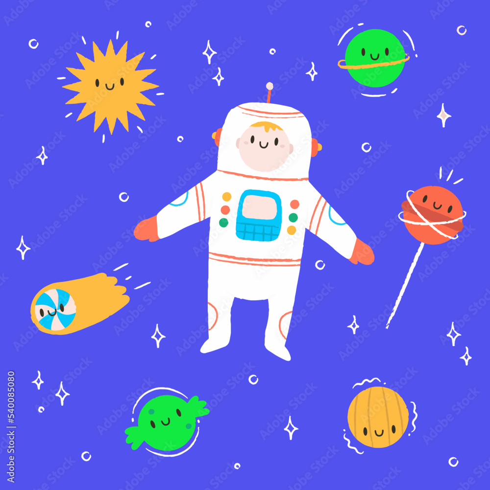 Little boy is an cosmonaut in space among the stars. Vector hand draw illustration in small style.Astronaut, Earth, saturn, moon, comet, constellation and stars. Adorable boy illustration in the child
