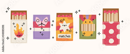 Collection of bright matchboxes. Hand draw design style. Vector illustration isolated on white background. photo
