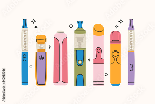 Hand draw vector set of various types of electronic cigarettes. Modern devices for vaping. Hipster equipment for smoking. Variety of designs vape pens and pod mods.