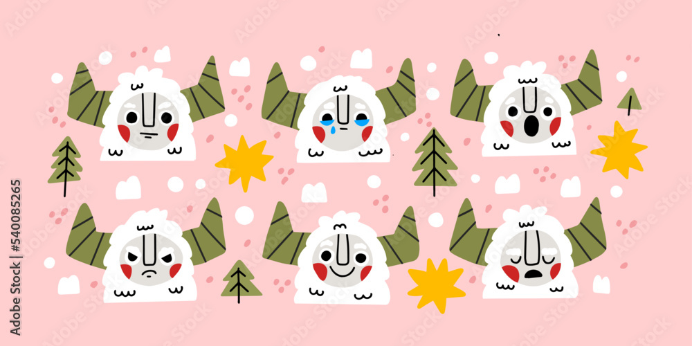 Cute colourful yeti in different express yeti emotions in Scandinavian Boho style. Trendy illustration. Set of stickers with monsters. Contemporary yeti isolated elements. Snowman with horns