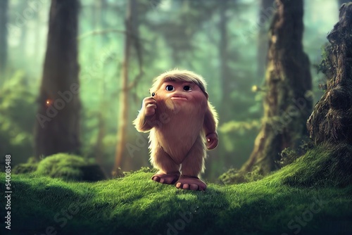 Fototapeta Naklejka Na Ścianę i Meble -  3D rendered Sasquatch (Bigfoot) with cute kawaii look like modern animation. Computer generated furry mythological creature based on 