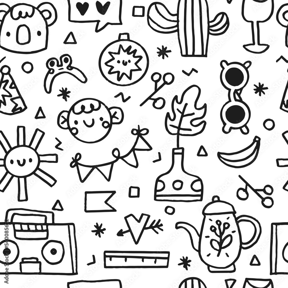 Obraz premium Cute childish pattern. Vector baby baby . Doodle koala, &nbsp;boy, sun, glass, cacti, radio, flower, kettle. Perfect for wrapping paper, printing on the fabric, design package and cover for kids