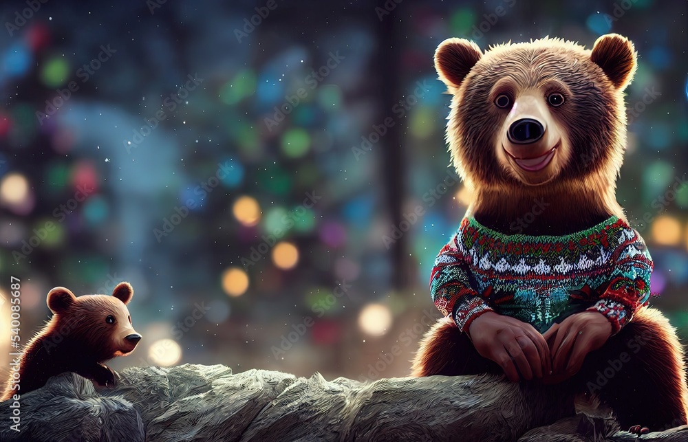 3D rendered Christmas Bear with cute kawaii look like modern animation. Computer generated Teddy Bear wearing an ugly Christmas Sweater to celebrate the winter holiday season Stock Adobe Stock