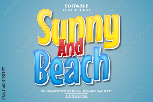 Cartoon sunny and beach text style, editable text effect design template