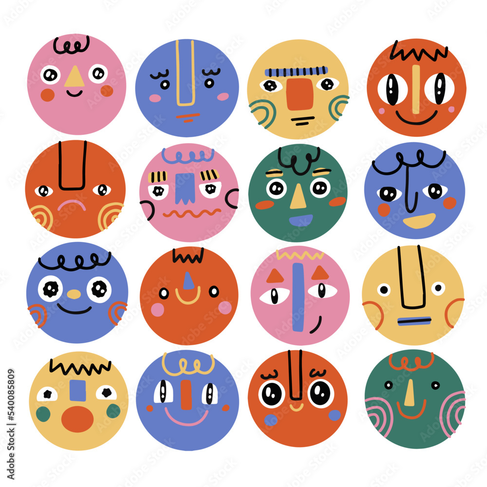 Hand drawn Abstract funny characters. Big Set of Different colored Vector illustrations. Cartoon style. Flat design. All elements are isolated. Poster, logo Templates.Every face is isolated Hand drawn Abstract funny characters. Big Set of Different colored Vector illustrations. Cartoon style. Flat design. All elements are isolated. Poster, logo Templates.Every face is isolated