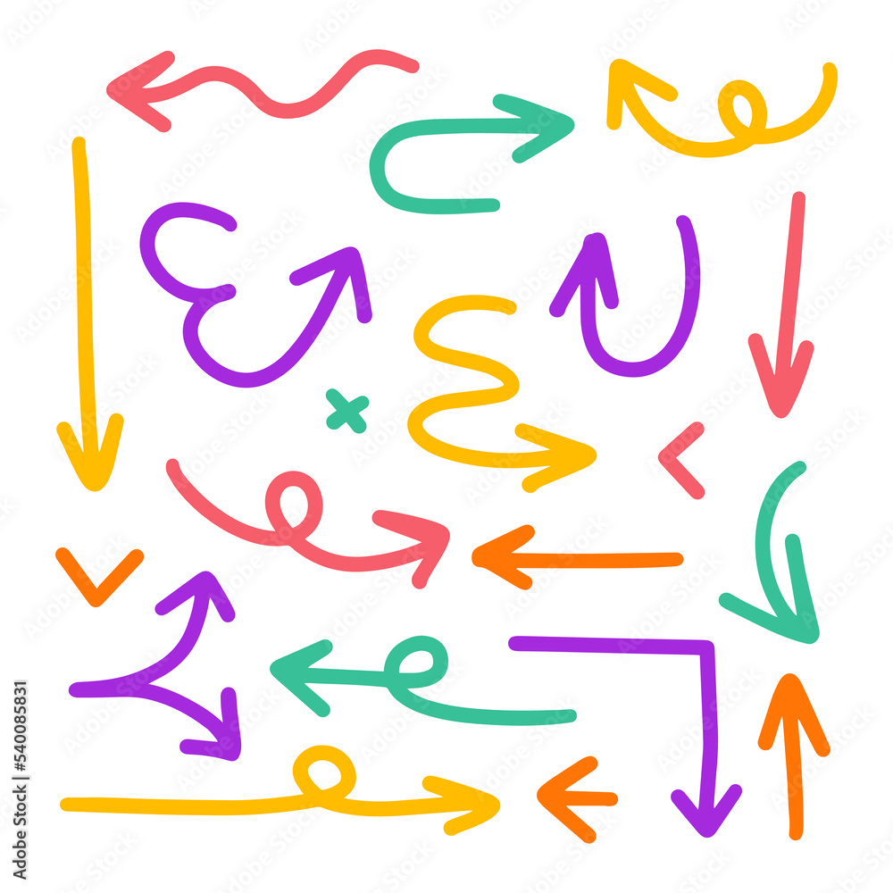 Collection hand drawn arrows. Set bright colourful simple arrows isolated on white background. Arrow mark icons. Arrow paint - stock vector. Collection hand drawn arrows. Set bright colourful simple arrows isolated on white background. Arrow mark icons. Arrow paint - stock vector.